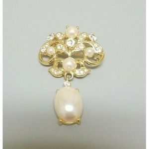 Monet Gold Tone Rhinestone and Faux Pearl Accent Brooch